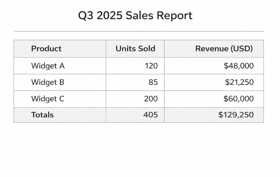 Sample PDF table from Q3 2025 Sales Report